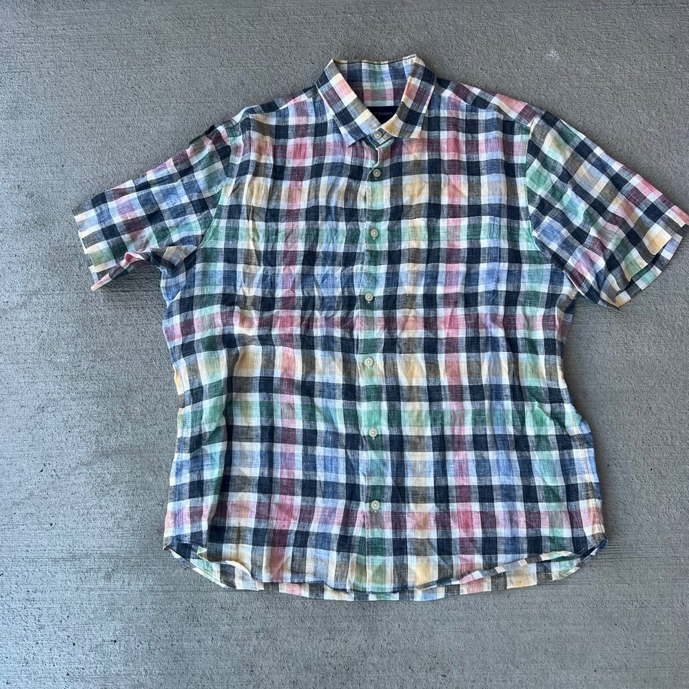 Scott Barber Men's XL 100% Linen Plaid Short Sleeve Button Down Shirt Casual